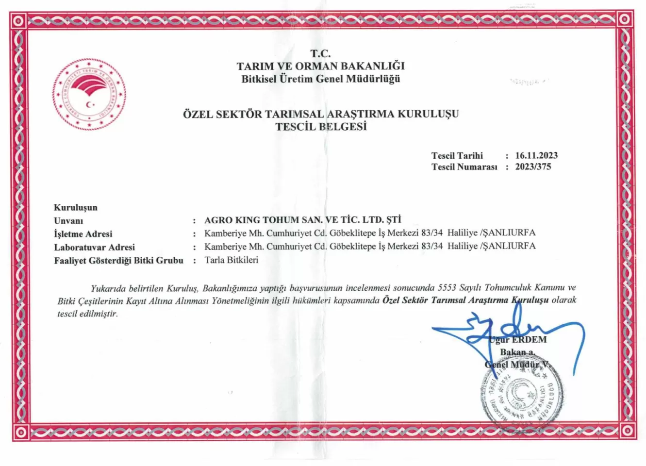 Bitkisel Üretim Tescil Belgesi