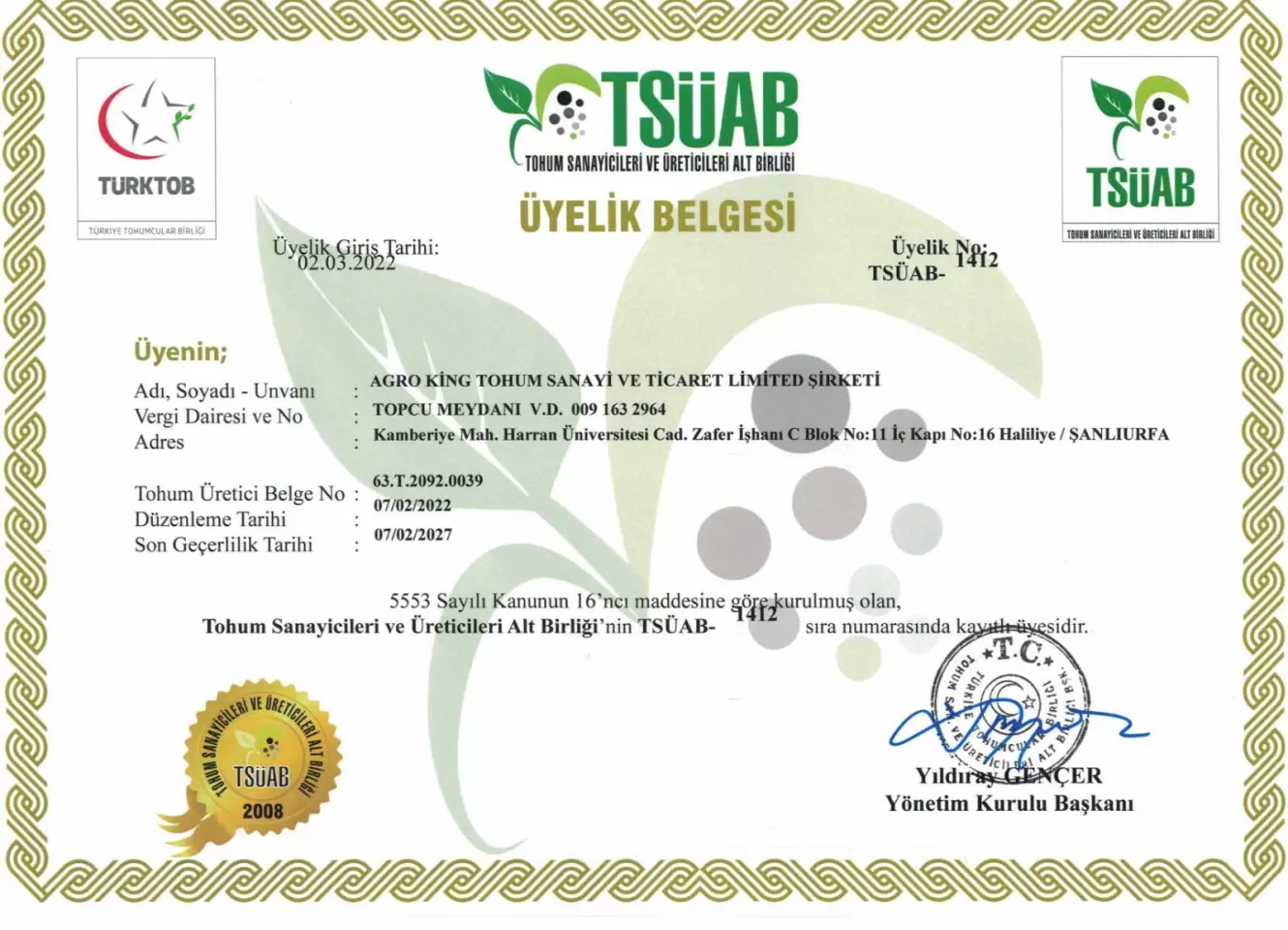 TSUAB Üyelik Belgesi